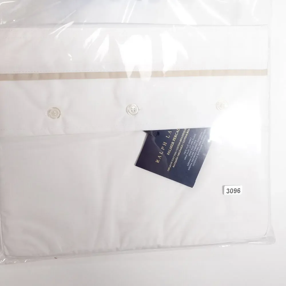 New Ralph Lauren Organic Cotton Percale Palmer Twin Flat Sheet White/Sand Dune
